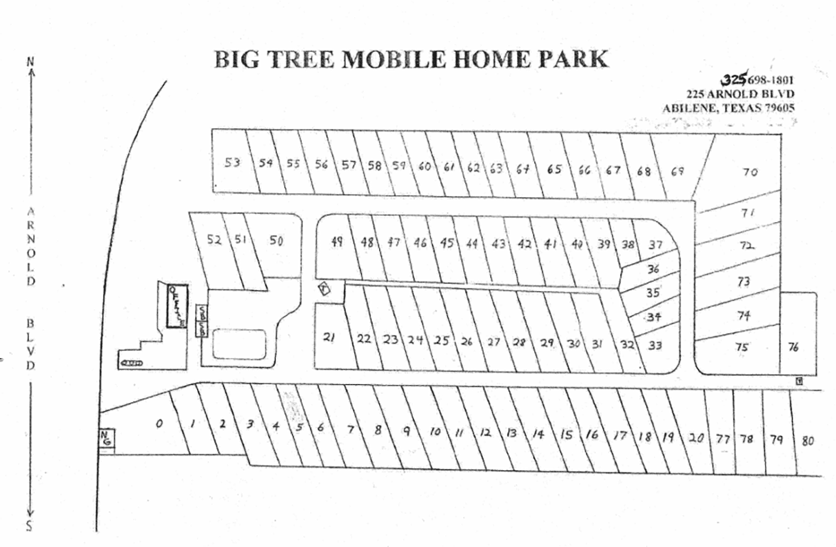 Lot Map for Big Tree Mobile Home Park, Abilene, TX.